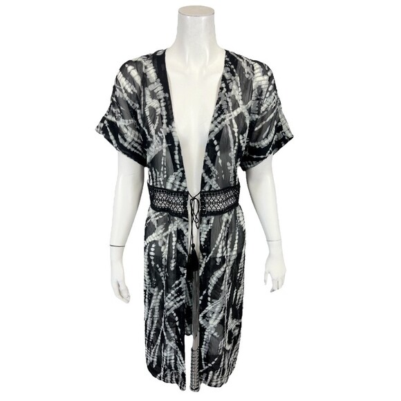 Dennis Basso Printed Chiffon Duster Top with Lace Detail in Black Size Medium - Picture 2 of 4